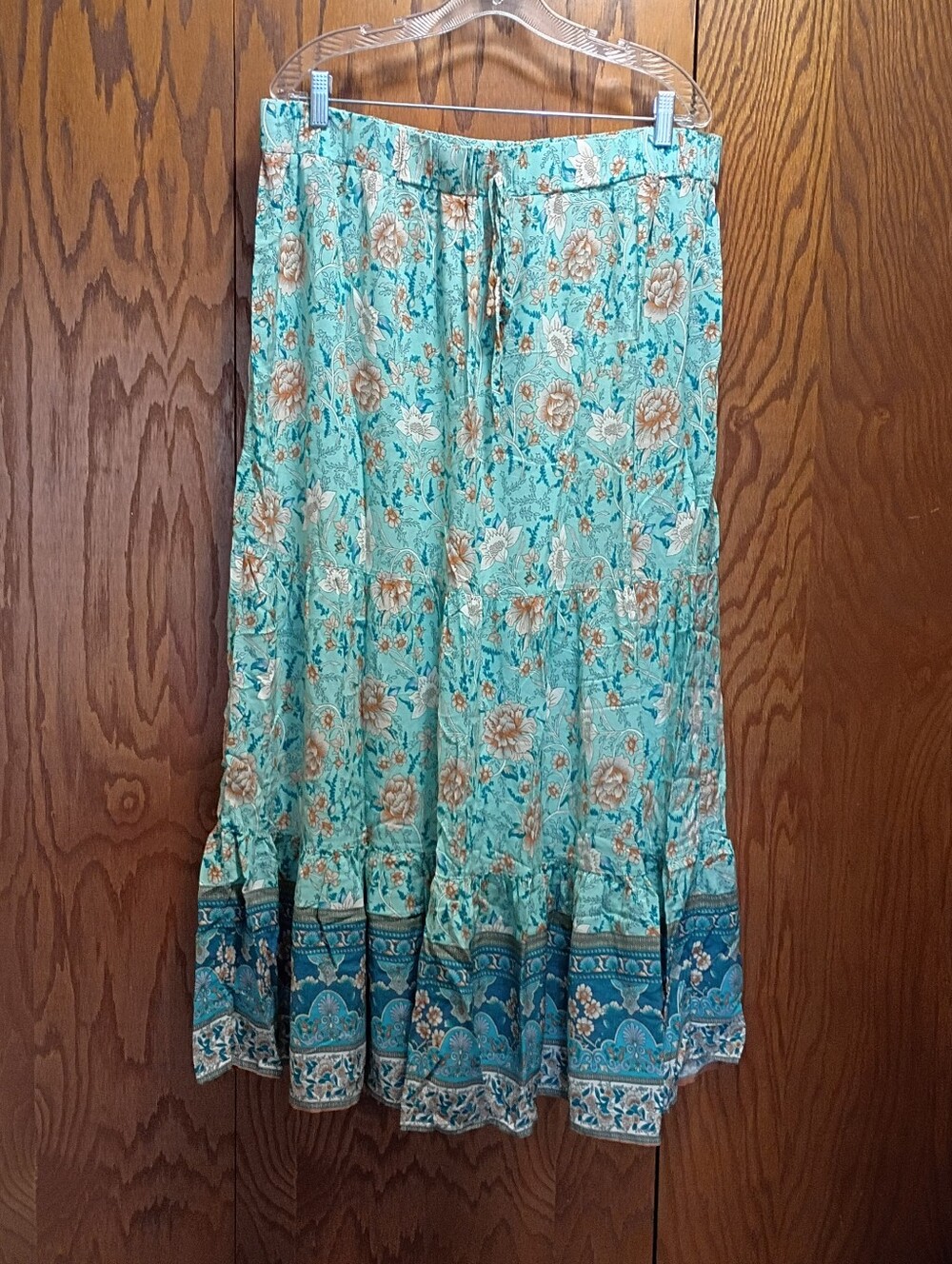 Aqua Floral Maxi Skirt with Contrasting Border. Size 4XL.